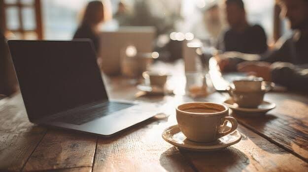 Laptop and coffee on a table during a software discussion